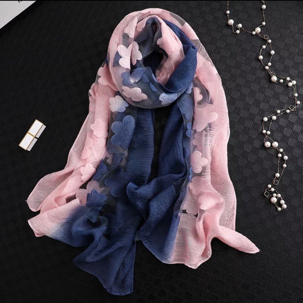 Hollow Lace Flower Scarf Dark Blue and Pink